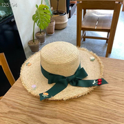 韩国拉菲草帽女夏天遮阳帽，防晒海边大檐度假海滩，绑带沙滩草帽