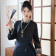 马面裙上衣搭配春季新中式国风衬衣长袖黑色对襟立领汉元素衬衫女