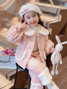 女童夹棉套装秋冬季2023女宝宝洋气加厚冬款时髦儿童冬装刺绣