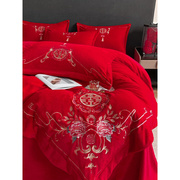 中式牛奶绒婚庆四件套大红色床单被套珊瑚绒加厚结婚床上用品