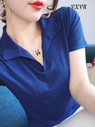 宝石蓝冰丝针织短袖t恤女2024夏季polo衫翻领，修身显瘦体恤衫上衣