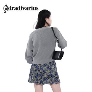 stradivarius女士v领针织毛衣，通勤百搭毛衣纯棉女式上衣灰色