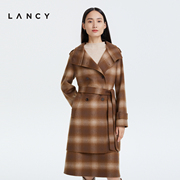 LANCY/朗姿羊毛大衣女2022冬季通勤收腰立领双面呢格纹外套