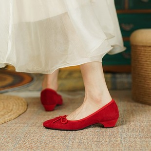 优雅气质单鞋2023年红色，羊皮粗跟女鞋，方头浅口蝴蝶结中跟鞋40
