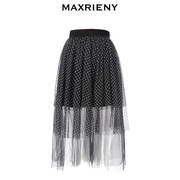 奥莱maxrieny不规则网纱半身裙秋季复古黑白波点短裙裙子