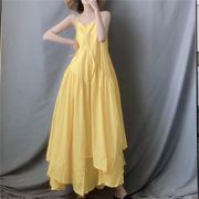柠檬黄色超长不规则，大摆吊带裙连衣裙文艺，清新夏季款气质飘逸长裙