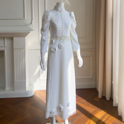 法式时尚气质立领优雅白色，花朵拼接连衣裙显瘦长款可日常穿礼服