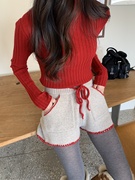 韩国东大门女装2024春冬时尚，显瘦高腰系带雪花，图案针织短裤女