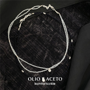 olioeaceto纯银白水晶蓝沙石垂坠项链原创设计质感手工锁骨链