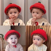 冬季新年红色宝宝帽子，婴儿可爱假发，毛线小红帽子男女童保暖外出