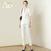 AD职业正装女西服套装白色双排扣小西装短袖正式职场女装商务套裤