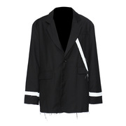 EAM 2024春季黑白撞色拼接毛边廓形西装外套中长款高级感西服