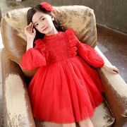 春秋冬季女童装大红色公主裙，儿童蕾丝连衣裙，演出礼服蓬蓬白纱裙子