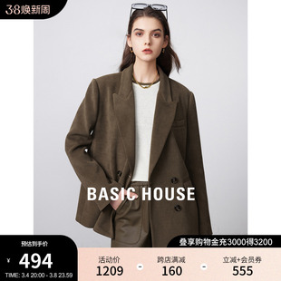 Basic House/百家好灯芯绒咖色西装外套女2024春季设计感西服