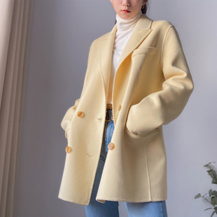 尤氧自制鹅黄色双面羊绒羊毛，大衣双排扣中长款宽松西装外套
