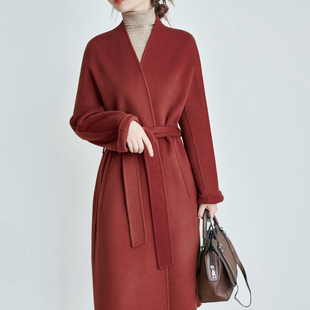 红色睡袍无领双面呢羊毛大衣女，中长款简约宽松直筒系带毛呢外套冬