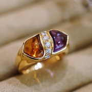 b家vintage意大利工艺金镏子(金镏子)紫黄水晶戒指18k金镶嵌(金镶嵌)珠宝真金真钻