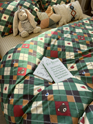 ins绿色菱格小熊床上四件套全棉，纯棉文艺1.5m1.8米被套床单三件套