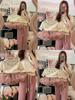 韩国春夏装杏色女童上衣短袖立体花朵母女装洋气针织衫亲子装毛衣