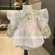 婴幼儿春秋季包屁衣女宝宝碎花哈衣欧根纱裙子甜美公主两件套爬服