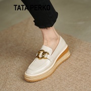 TATA PERKO联名英伦松糕鞋厚底编织坡跟单鞋女链条高跟乐福鞋