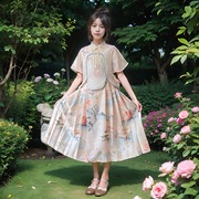 女童套装2024夏季汉服，中国风水墨画，中式马面裙短袖上衣两件套