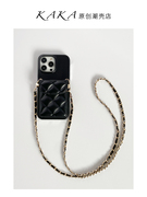 欧美时尚小香风黑色菱格苹果13保护套适用于14promax手机壳斜挎12背带皮挂绳，11保护壳奢华皮质零钱插卡包