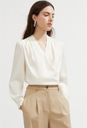 朗姿法式米白色V领上衣士春日衬衫法式长袖褶皱衬衣女高级感