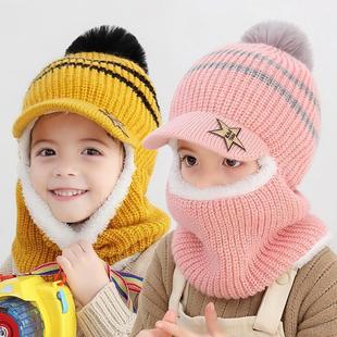 儿童帽围脖一体加绒加厚秋冬季节防风护脸毛线帽男童女宝亲子宝宝