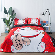 卡通新年创意招财猫大红床上用品，四件套1.8米床笠被单，双人被套1.5