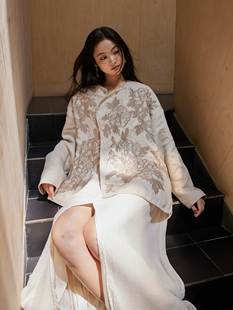 设计师手绘牡丹花  重磅色织亚麻料  新中式风格廓形感外套