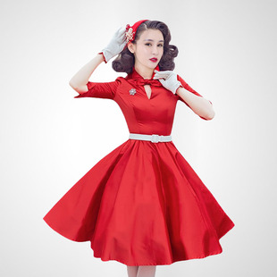 复古优雅红色领结，修身立领礼服女中袖，高腰蓬蓬衬衫连衣裙收腰气质