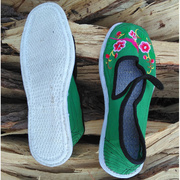 中国风老式布鞋纯手工，一字扣女鞋千层底手缝绿色低帮绣花鞋