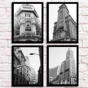 老上海装饰画怀旧街景，挂画有框画黑白建筑照片，墙画酒店餐厅壁画框