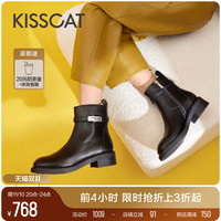 kisscat接吻猫2023年秋季透气真皮短靴粗跟增高气质时装靴女