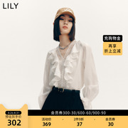 LILY2022秋女装复古优雅蕾丝温柔法式舒适天丝垂感长袖雪纺衫