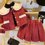 2023冬装新年女童小香风甜美格子木耳娃娃领外套百褶短裙两件套红