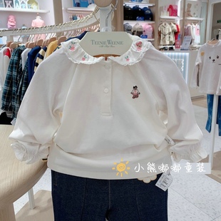 22年秋冬韩版女童婴童绣花可爱娃娃领长袖T恤打底衫