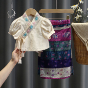 女童民族风套装夏季小女孩，宝宝傣族服装，一步短袖连衣裙中式两件套