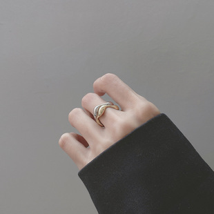 日韩s925银戒指女时尚不规则，波浪纹光面开口戒指镀金银指环