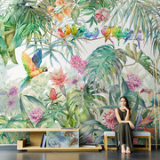 北欧墙纸ins东南亚热带雨林花鸟绿色植物壁纸客厅电视背景墙壁纸