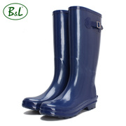 外贸宝蓝色橡胶女雨靴高筒时尚防水防滑大码大筒围雨鞋