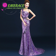 紫色长款年宴会晚礼服性感单肩修身花朵亮片演出主持人鱼尾裙eve