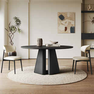 意式黑色实木餐桌椅圆形1.5米高端家用10人复古风全实木岩板圆桌