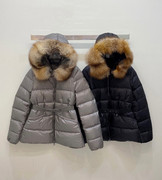 2022冬季时尚狐狸毛领系腰带修身拉链长袖短款白鹅绒羽绒服女