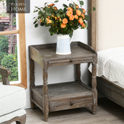 法式美式乡村风格白橡木(白橡木，)边柜实木，复古做旧床头柜边桌沙发边几