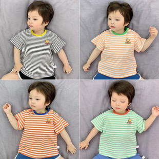 宝宝短袖t恤夏装条纹薄韩版糖果色宽松休闲卡通可爱婴儿半袖上衣
