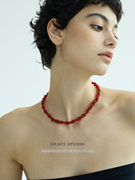 gs石榴红小珠子编织红玛瑙，串珠项链女复古时髦小众ot扣项链