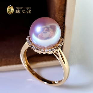 日本akoya天女海水珍珠戒指18k金加厚(金加厚)版镶钻石正圆镜面极强光高贵