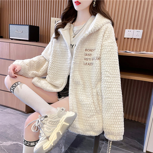 羊羔毛外套女秋冬韩版宽松设计感小众加绒加厚保暖羊羔绒开衫卫衣